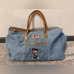 Vintage Denim Jean Mickey Mouse Travel Duffle Gym Bag with Leather Straps